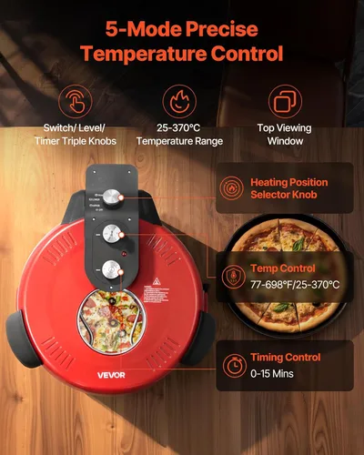 Miniatura 4 de VEVOR Horno de pizza, máquina eléctrica de pizza de 12 pulgadas, cocina eléctrica de pizzas de 1200 W con revestimiento antiadherente, apertura