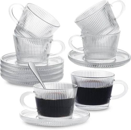 Miniatura 12 de Juego de 6 tazas de cristal para café espresso con platillos y cucharas de acero inoxidable, aptas para lavavajillas, para té, chocolate caliente