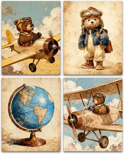 Decoración de pared de oso para cuarto de bebé, fotos vintage para habitación de bebé, fotos de viaje, fotos de oso, avión, decoración de pared,