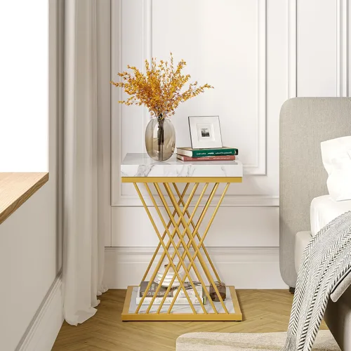 Miniatura 2 de Tribesigns Mesa auxiliar cuadrada de oro blanco de 2 niveles, mesas de noche pequeñas modernas con almacenamiento para sofá, mesas auxiliares