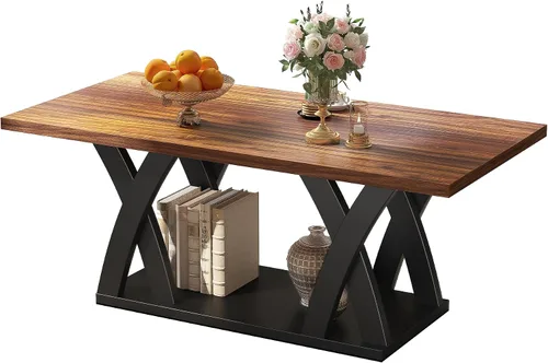 Miniatura 8 de FROMJBEST - Mesa de café de estilo rústico con estante, mesa de café moderna, mesa de café negra para sala de estar, mesas de sala de estar, 47" Gris
