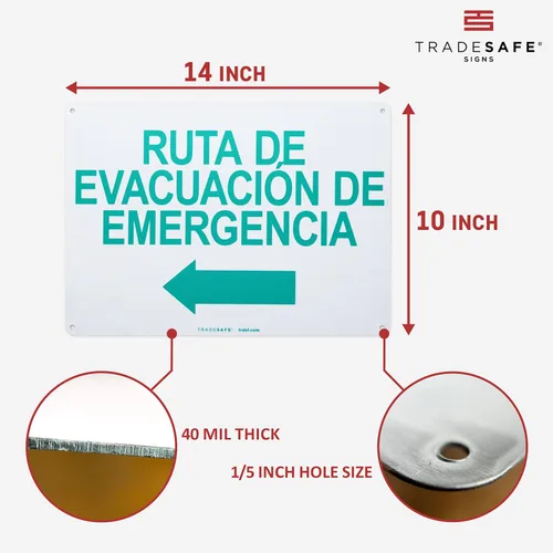 Miniatura 3 de TRADESAFE Señal de flecha izquierda de ruta de evacuación de emergencia – Ruta De Evacuación De Emergencia Señal Español, Instalación Rápida