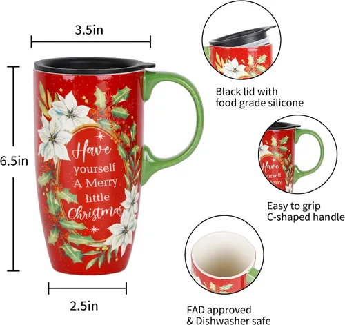 Miniatura 7 de Topadorn Taza de café de cerámica de 17 onzas con tapa y caja de regalo, taza de té de porcelana roja festiva, apta para microondas y lavavajillas