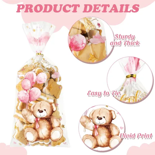 Miniatura 3 de Maitys 100 bolsas de celofán de oso para baby shower, bolsas de plástico para dulces con 100 lazos dorados, bolsas de regalo para revelación de Rosa