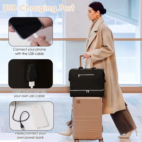 Miniatura 5 de Bolsa de fin de semana con compartimento para zapatos, bolsa de viaje para pasar la noche, Negro -, Estilo conciso