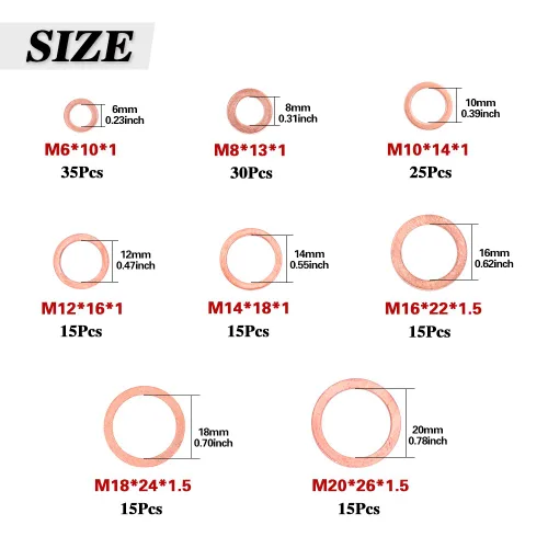 Miniatura 2 de Swpeet Kit surtido de 165 arandelas de sellado métricas de cobre de 8 tamaños, incluye M6 M8 M10 M12 M14 M16 M18 M20 perfecto para conexiones