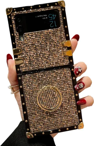 para Samsung Galaxy Z Flip 3 Funda Bling, Funda de TPU con purpurina brillante y brillo elegante, esquina dorada suave, con soporte de anillo,