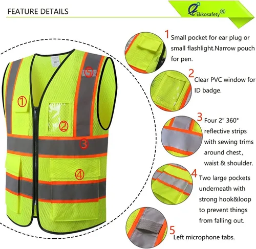 Miniatura 3 de Chaleco de seguridad de malla reflectante para hombres y mujeres, con 5 bolsillos y cremallera frontal, chaleco de malla de alta visibilidad Hi Vis