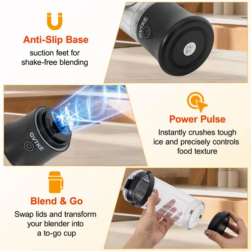 Miniatura 6 de Licuadora portátil Modo dual 18000RPM 20Oz Vaso de mezcla de hielo triturador de hielo Fruta congelada Mini hogar gimnasio viaje (negro)