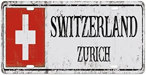 Placa de bandera de Suiza, bandera nacional de Zúrich, placa decorativa delantera para automóvil, 6 x 12 pulgadas, recuerdo de la ciudad de Suiza,