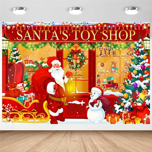 Miniatura 9 de Avezano Telón de fondo de Navidad, pancarta roja de la tienda de juguetes de Santa para fotografía, fondo de tienda de Navidad, decoración