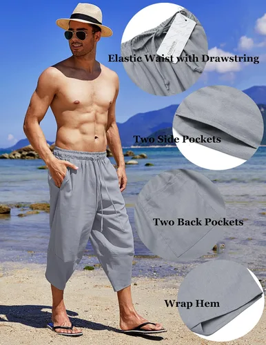 Miniatura 5 de COOFANDY Pantalones capri harén de lino para hombre, ligeros, sueltos, 34, con cordón elástico, cintura elástica, pantalones casuales para yoga