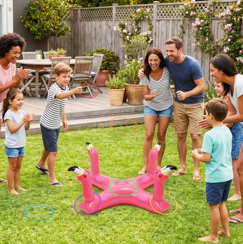 Miniatura 6 de Uniqhia Anillo inflable para piscina con 6 anillos, juego de piscina flotante de tiburón y flamenco con 6 anillos, juegos de piscina para niños