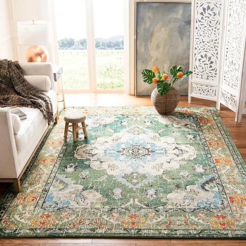 Safavieh Tapete decorativo de 2 pies 2 pulgadas x 4 pies de la colección Monaco, verde y celeste, diseño desgastado de medallón, no desprende