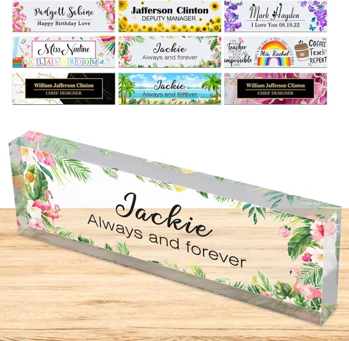 Miniatura 22 de Placa de nombre personalizada para escritorio, placas de nombre personalizadas para hombres y mujeres, diseño de girasol con logotipo de negocios