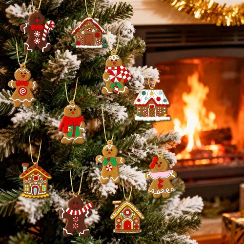 Miniatura 5 de 16 piezas de adornos de hombre de jengibre para árbol de Navidad, decoraciones navideñas de pan de jengibre con adorno de casa de pan de jengibre