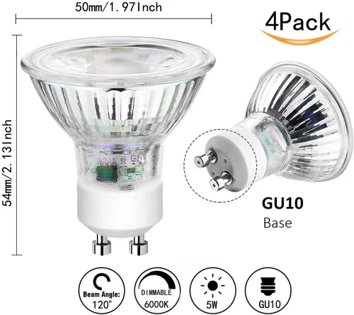 Miniatura 2 de Bombillas LED GU10 de 5 W, 120 V, luz blanca regulable de 6000 K, cubierta de vidrio, equivalente a bombillas halógenas GU10 de 50 W, luz LED ultra