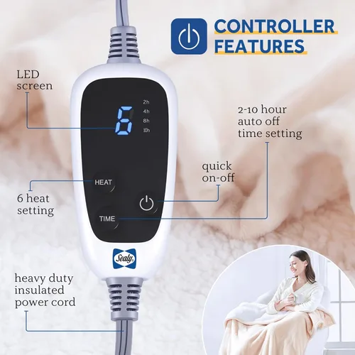 Miniatura 3 de Sealy - Manta eléctrica con bolsillo para los pies para adultos, manta térmica de franela y sherpa con 6 niveles de calefacción y apagado automático