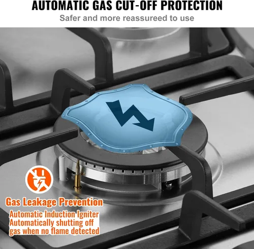 Miniatura 4 de VEVOR Placa de cocina de 30 pulgadas con 5 quemadores, 12250 BTU máx., estufa integrada de acero inoxidable, combustible dual GLP/GN, estufa de gas
