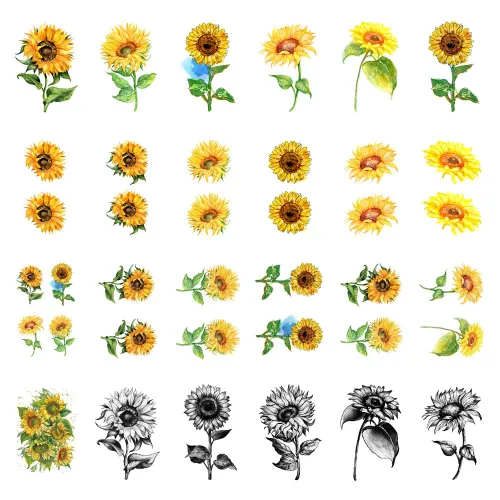 Pegatina de tatuaje temporal de girasoles impermeable amarillo acuarela mujeres niñas mano brazo hombro cuerpo arte 10.5X6cm Set de 24 (SF206)