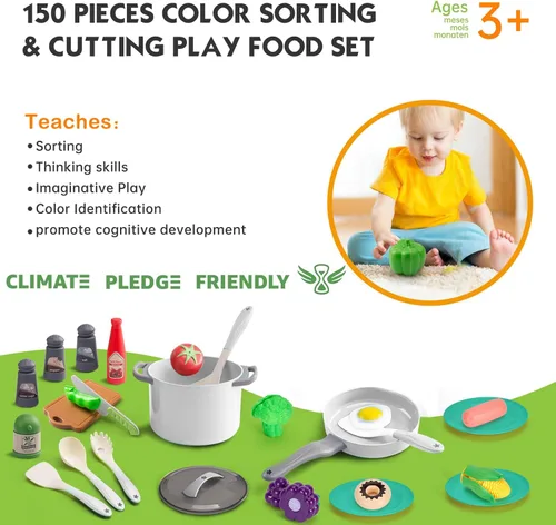 Miniatura 7 de Juego de cocina de 150 piezas, accesorios de utensilios de cocina de juguete para niños pequeños, comida, manta de picnic, frutas, verduras, paquete
