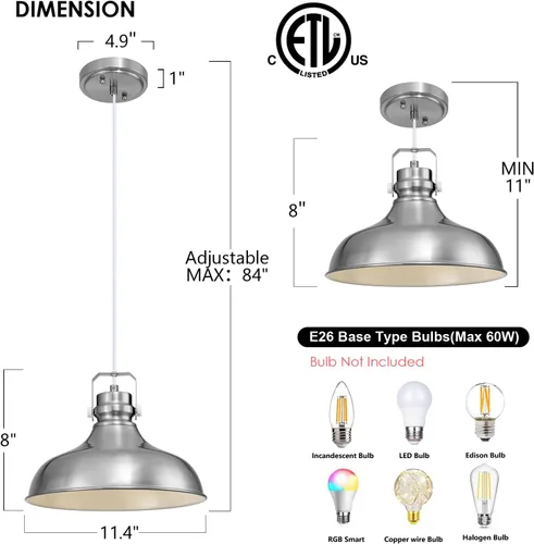 Miniatura 2 de Luces Colgantes de Granja de Níquel Cepillado Iluminación Colgante Mate para Isla de Cocina Industrial Altura Ajustable Vintage Luminarias Colgantes