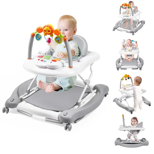 Miniatura 12 de Andador de bebé, 5 en 1 para niños y niñas de 6 a 12 meses con gorila, reposapiés extraíble, bandeja de alimentación y música, caminador de C-gris