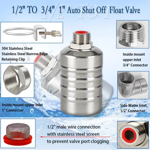 Miniatura 3 de Válvula de flotador, válvula de flotador de control de nivel de agua de 1/2" a 3/4" 1", válvula de cierre de agua totalmente automática de acero