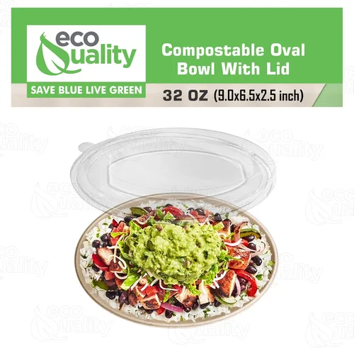 Miniatura 4 de Cuencos de burrito ovalados desechables de fibra compostable de 32 onzas con tapas de cúpula, resistentes, ecológicos, bagazo natural sin blanquear