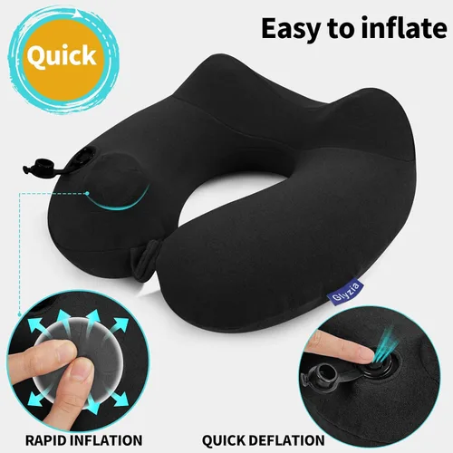 Miniatura 2 de Paquete de 2 almohadas inflables de viaje para el cuello para aviones, almohadas de cuello de terciopelo para adultos para vuelo largo, kit