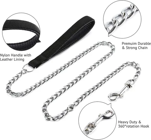 Miniatura 5 de Correa de cadena de metal chapado en cromo con mango acolchado suave para perros pequeños (S, mango negro)