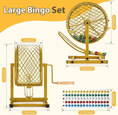 Miniatura 5 de AugFir Juegos de bingo de 12.6 pulgadas de alto con jaula de acero, juego de bingo profesional para adultos/niños, incluye fichas de colores, 30