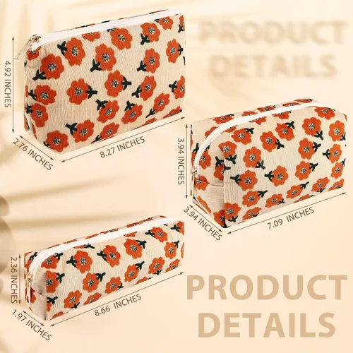 Miniatura 2 de Photect Juego de 3 bolsas de maquillaje floral para bolso, bolsa de lona de pana, pequeña bolsa de cosméticos para mujeres, mini artículos