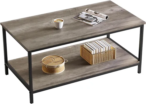 SAYGOER - Mesa de café de 2 niveles para sala de estar, mesa central estilo granja con estante de almacenamiento, mesa de madera rectangular para