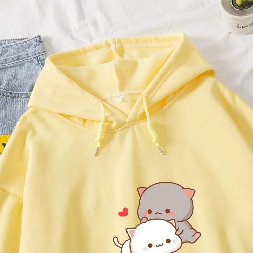 Miniatura 3 de Sudadera con capucha de algodón casual con diseño de gato de dibujos animados Kawaii para mujer
