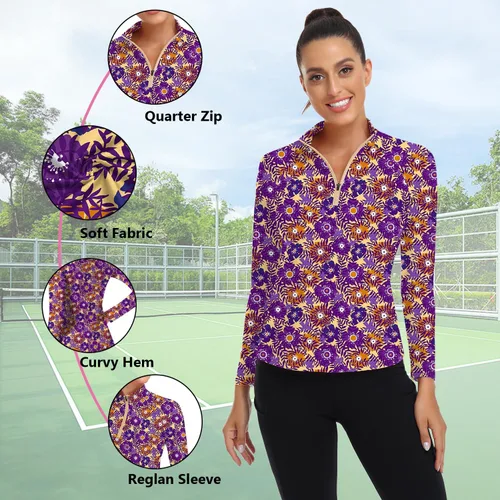 Miniatura 104 de WOWENY Camiseta deportiva de manga larga para mujer, con cremallera de un cuarto, cuello para entrenamiento, camiseta de tenis con estampado