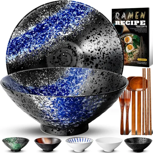 Juego de 2 cuencos de cerámica para ramen de 8 pulgadas (9 piezas) – Tazones grandes de porcelana japonesa para ensalada, fideos, cereales, frutas,