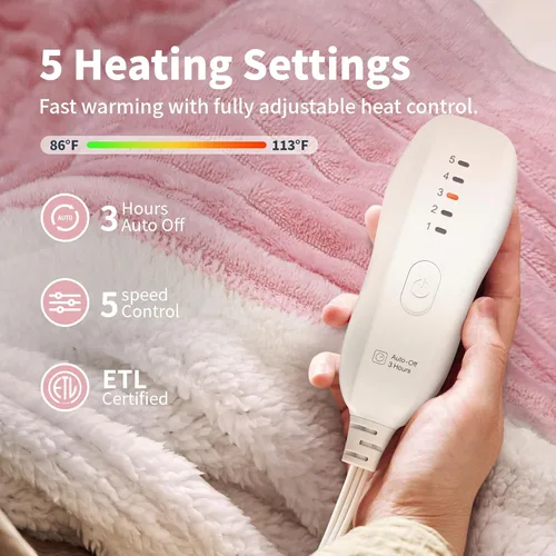 Miniatura 3 de Texciting Manta térmica eléctrica de 50 x 60 pulgadas, con 5 ajustes de calor, 3 horas de apagado automático, certificado ETL, lavable a máquina Rosa