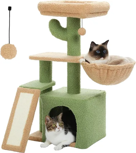 Miniatura 10 de PETEPELA - Árbol para gatos con flores, torre de 32 pulgadas para interiores, condominio para gatos pequeños con rampa de sisal para rascar, hamaca
