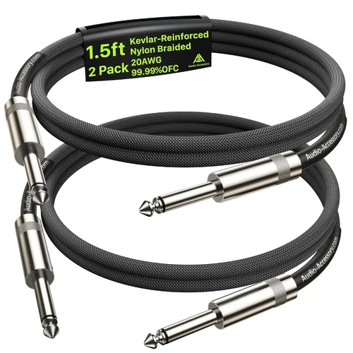 Cable de guitarra de 1.5 pies, paquete de 2 unidades, nailon trenzado anti-torceduras reforzado con Kevlar, conector Neutrik REAN, calibre 20,