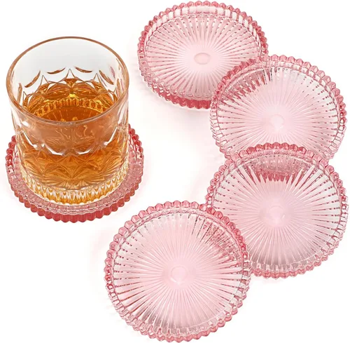 Miniatura 13 de Juego de 5 posavasos modernos transparentes de cristal para bebidas, posavasos redondos y elegantes, bonitos posavasos para mesa de café para Ámbar