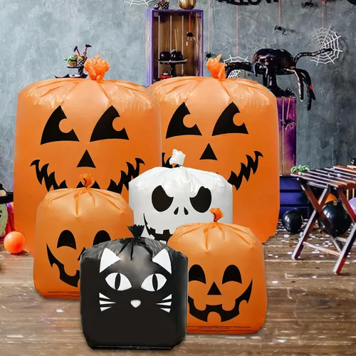 Miniatura 2 de 6 bolsas de calabaza de Halloween para césped, incluye 2 bolsas de 48 x 36 pulgadas de calabaza sonriente y 4 bolsas de basura de Halloween de 30 x