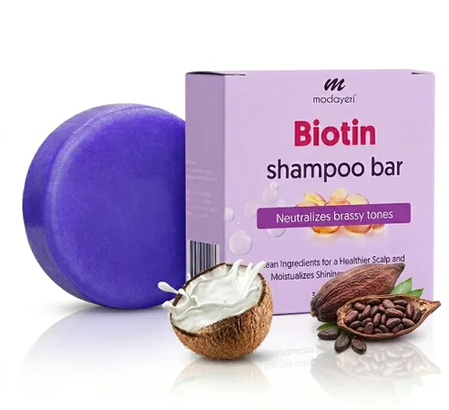 Barra de champú morado con infusión de biotina para cabello rubio, tonificante, iluminador y fortalecedor natural, cabello rubio, aclarado y gris y