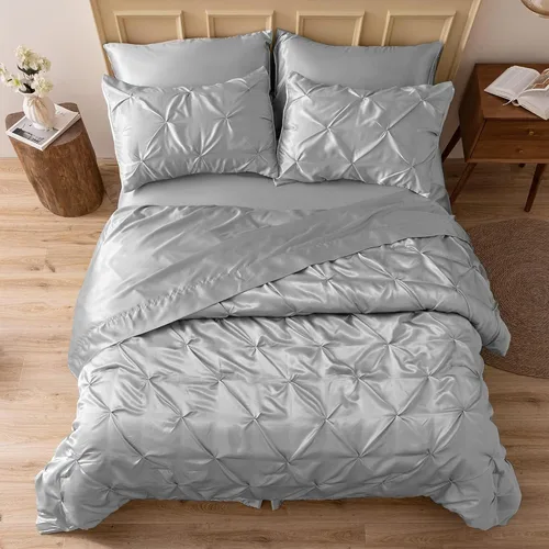 Miniatura 8 de MR&HM Juego de ropa de cama con edredón satinado King de 7 piezas - Juego de cama lujoso con pliegues, con edredón, sábana plana, sábana ajustada