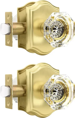 Miniatura 38 de Gobrico Paquete de 5 pomos de puerta de cristal de paso en latón antiguo para pasillo, armario, lavandería, forma octágono transparente, sin llave