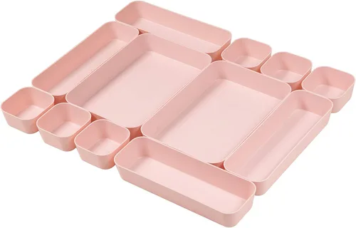 Juego de 12 organizadores de cajones de escritorio de plástico de color rosa para maquillaje, baño, oficina, cocina, cajón, caja de almacenamiento