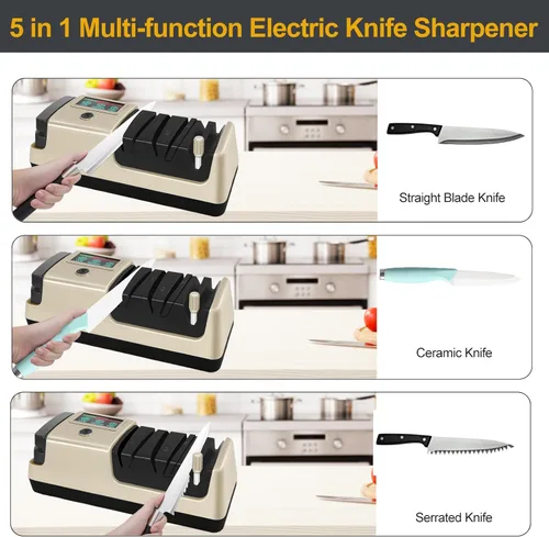 Miniatura 2 de Afilador de cuchillos eléctrico, 5 en 1, multifuncional, de 3 velocidades, variable, profesional, con pantalla LCD, para cuchillos rectos, dentados