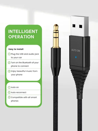 Miniatura 6 de HVMLAK Adaptador auxiliar Bluetooth 5.2 para automóvil, conector USB de 0.138 in, llamada manos libres, transmisión de música para camiones
