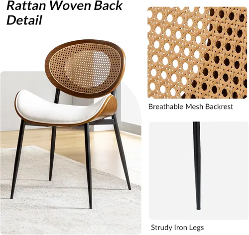 Miniatura 5 de HULALA HOME Juego de 4 sillas de comedor con respaldo de ratán, modernas sillas laterales de cuero con patas de metal, cómodas para sala de beige