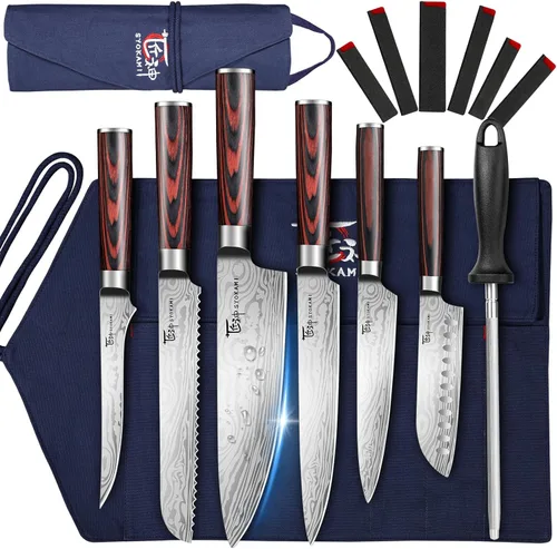 SYOKAMI Juego de cuchillos de chef de 14 piezas con bolsa de rollo, juego de cuchillos japoneses profesionales de acero inoxidable con mango de Azul